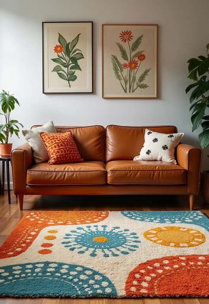 28 Stunning Rugs That Go With a Brown Leather Couch - 20. Playful Patterns