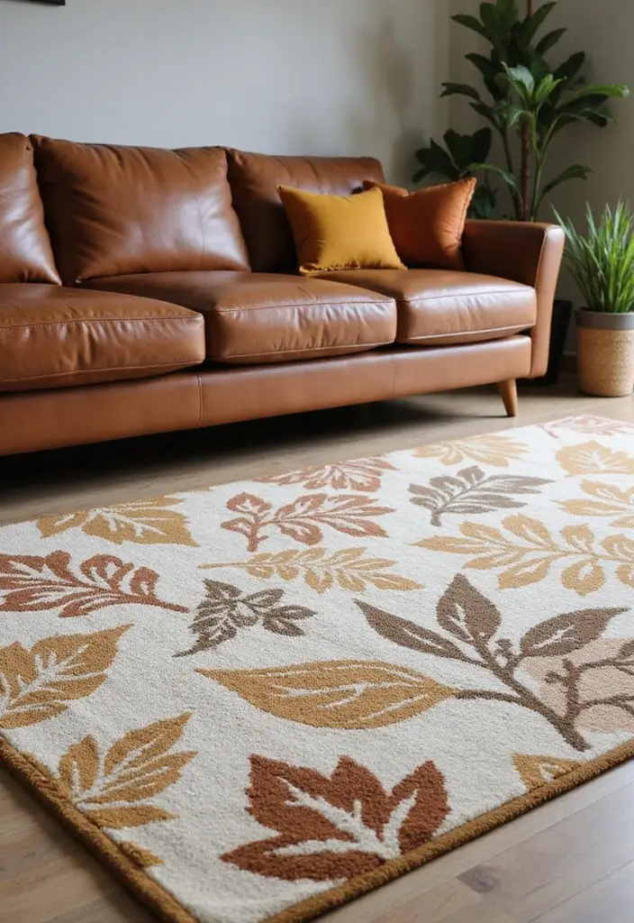 28 Stunning Rugs That Go With a Brown Leather Couch - 27. Nature-Inspired Patterns