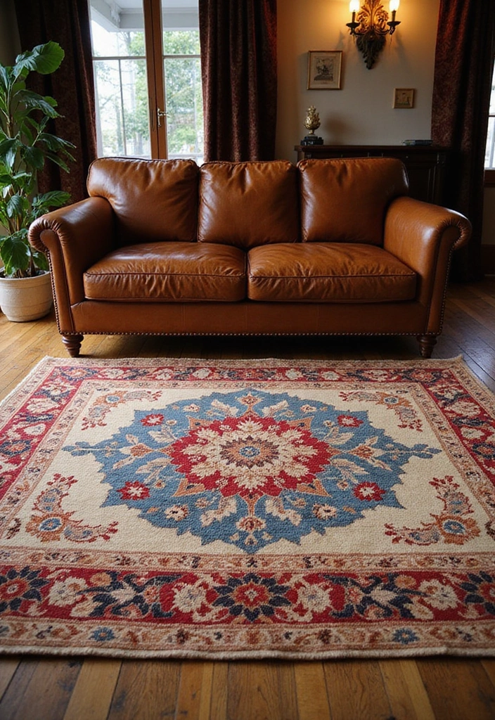 28 Stunning Rugs That Go With a Brown Leather Couch - 6. Artisan Hand-Woven Rugs