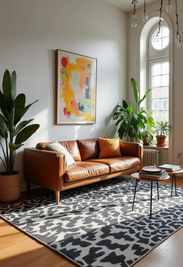 28 Stunning Rugs That Go With a Brown Leather Couch - 8. Graphic Black and White Rugs