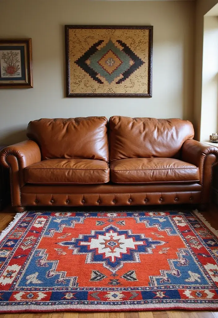 28 Stunning Rugs That Go With a Brown Leather Couch - 9. Colorful Southwestern Rugs