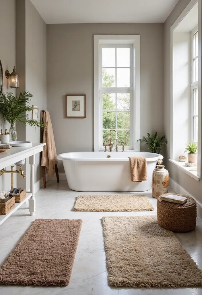 29 Bath Rug Ideas That Feel Like a Spa - 9. Area Rugs for a Layered Look