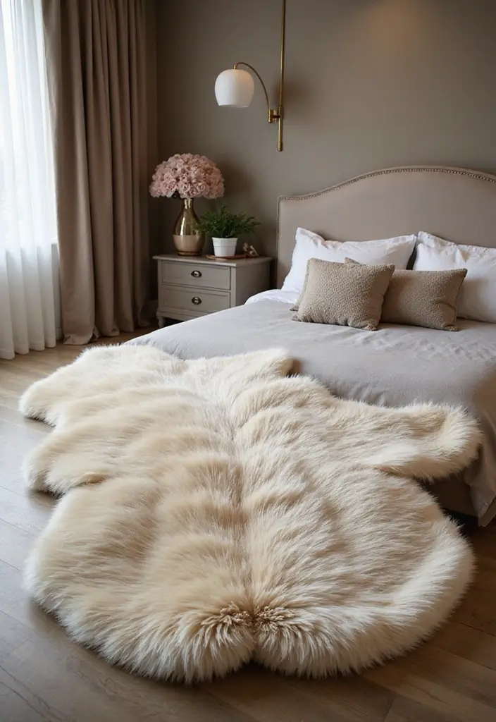29 Cozy Bedroom Rugs for a Warm Inviting Look - 7. Faux Fur Rugs