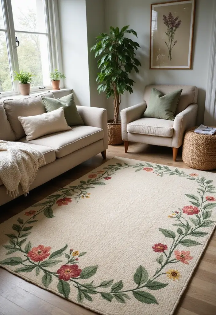 29 Cozy Living Room Rug Ideas for Lazy Weekends - 13. Nature-Inspired Designs