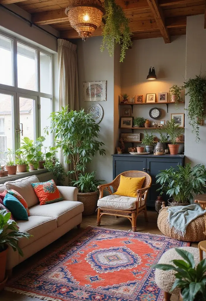 29 Cozy Living Room Rug Ideas for Lazy Weekends - 21. Colorful Bohemian Vibes