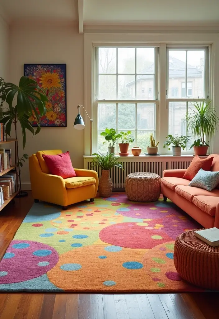 29 Cozy Living Room Rug Ideas for Lazy Weekends - 23. Playful Patterns