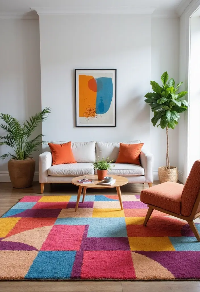 29 Cozy Living Room Rug Ideas for Lazy Weekends - 3. Bold Geometric Patterns