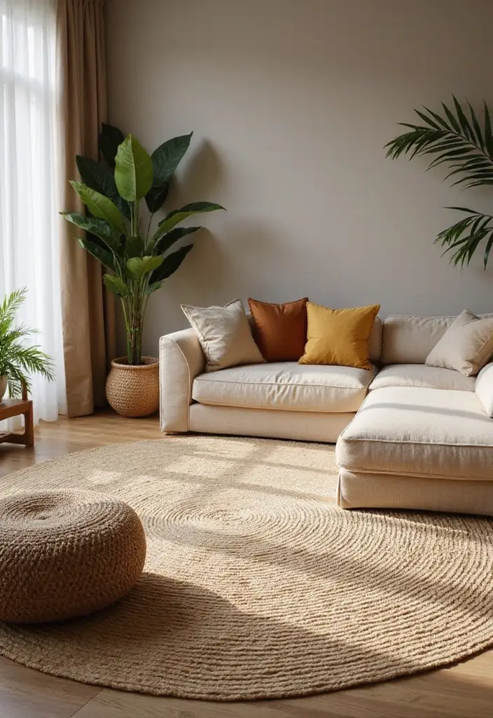 29 Cozy Living Room Rug Ideas for Lazy Weekends - 6. Natural Fiber Elegance