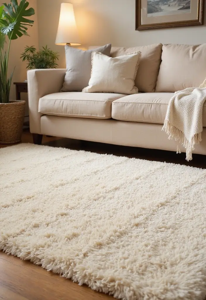 29 Cozy Rug Ideas That Match a Beige Couch Perfectly 1 29 Cozy Rug Ideas That Match a Beige Couch Perfectly - 1. Textured Cream Shag Rug