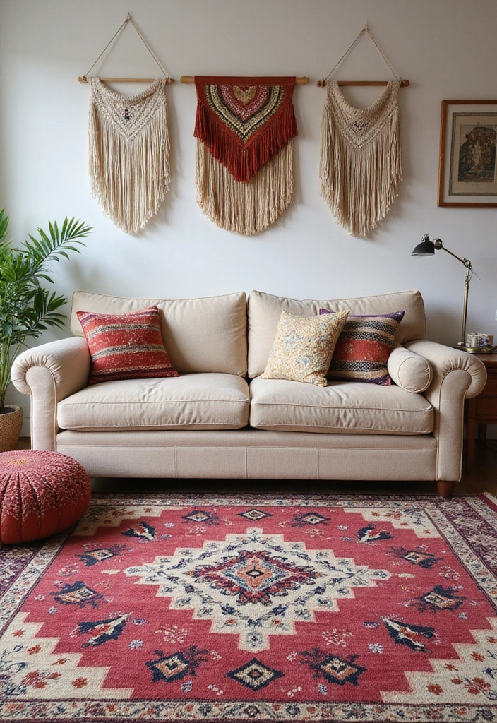 29 Cozy Rug Ideas That Match a Beige Couch Perfectly 11 29 Cozy Rug Ideas That Match a Beige Couch Perfectly - 11. Bohemian-Inspired Rug