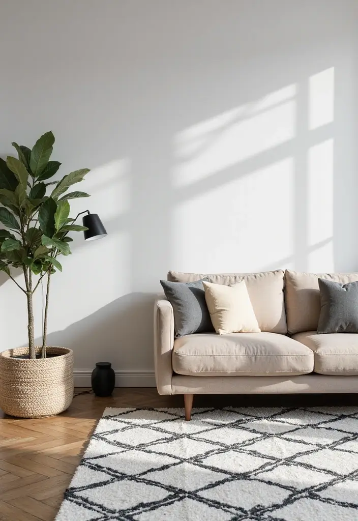 29 Cozy Rug Ideas That Match a Beige Couch Perfectly 12 29 Cozy Rug Ideas That Match a Beige Couch Perfectly - 12. Monochrome Area Rug