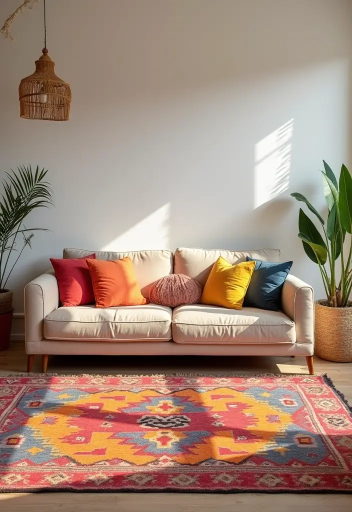 29 Cozy Rug Ideas That Match a Beige Couch Perfectly 13 29 Cozy Rug Ideas That Match a Beige Couch Perfectly - 13. Colorful Kilim Rug