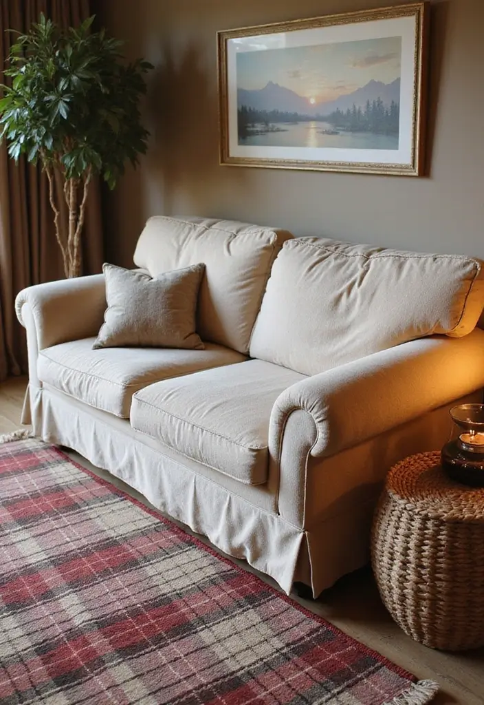 29 Cozy Rug Ideas That Match a Beige Couch Perfectly 14 29 Cozy Rug Ideas That Match a Beige Couch Perfectly - 14. Rustic Plaid Rug