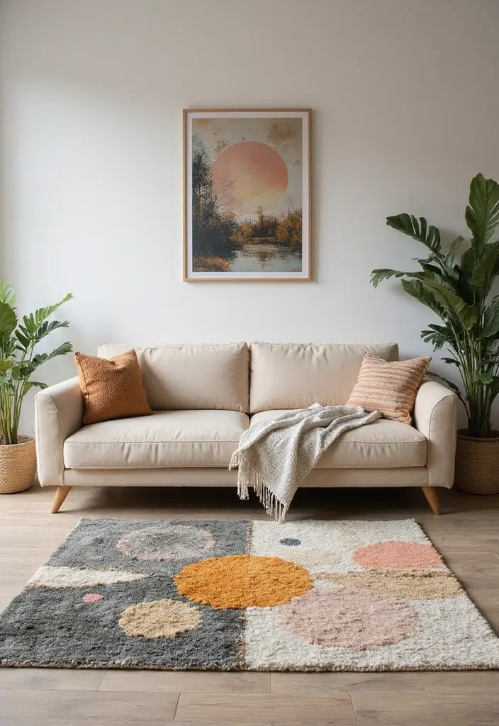29 Cozy Rug Ideas That Match a Beige Couch Perfectly 15 29 Cozy Rug Ideas That Match a Beige Couch Perfectly - 15. Artistic Abstract Rug