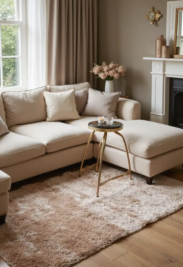 29 Cozy Rug Ideas That Match a Beige Couch Perfectly 19 29 Cozy Rug Ideas That Match a Beige Couch Perfectly - 19. Shimmering Metallic Rug