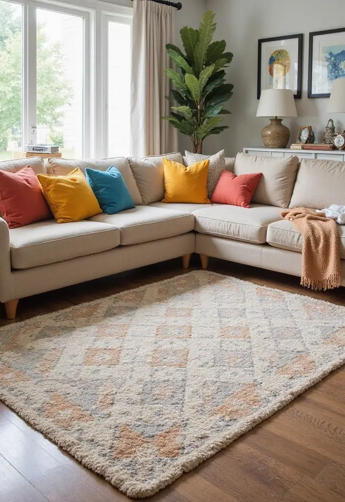 29 Cozy Rug Ideas That Match a Beige Couch Perfectly 2 29 Cozy Rug Ideas That Match a Beige Couch Perfectly - 2. Geometric Patterned Neutral Rug