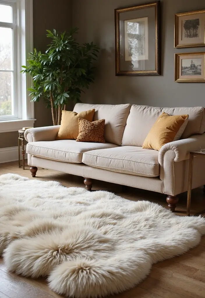 29 Cozy Rug Ideas That Match a Beige Couch Perfectly 23 29 Cozy Rug Ideas That Match a Beige Couch Perfectly - 23. Elegant Faux Fur Rug