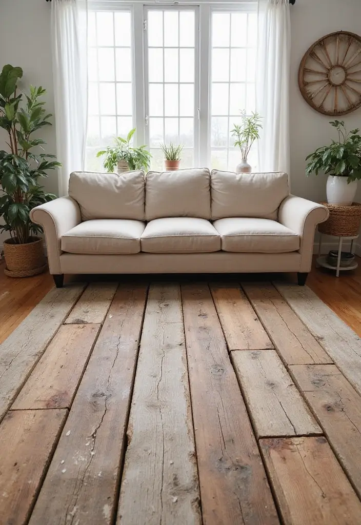 29 Cozy Rug Ideas That Match a Beige Couch Perfectly 24 29 Cozy Rug Ideas That Match a Beige Couch Perfectly - 24. Rustic Reclaimed Wood Rug