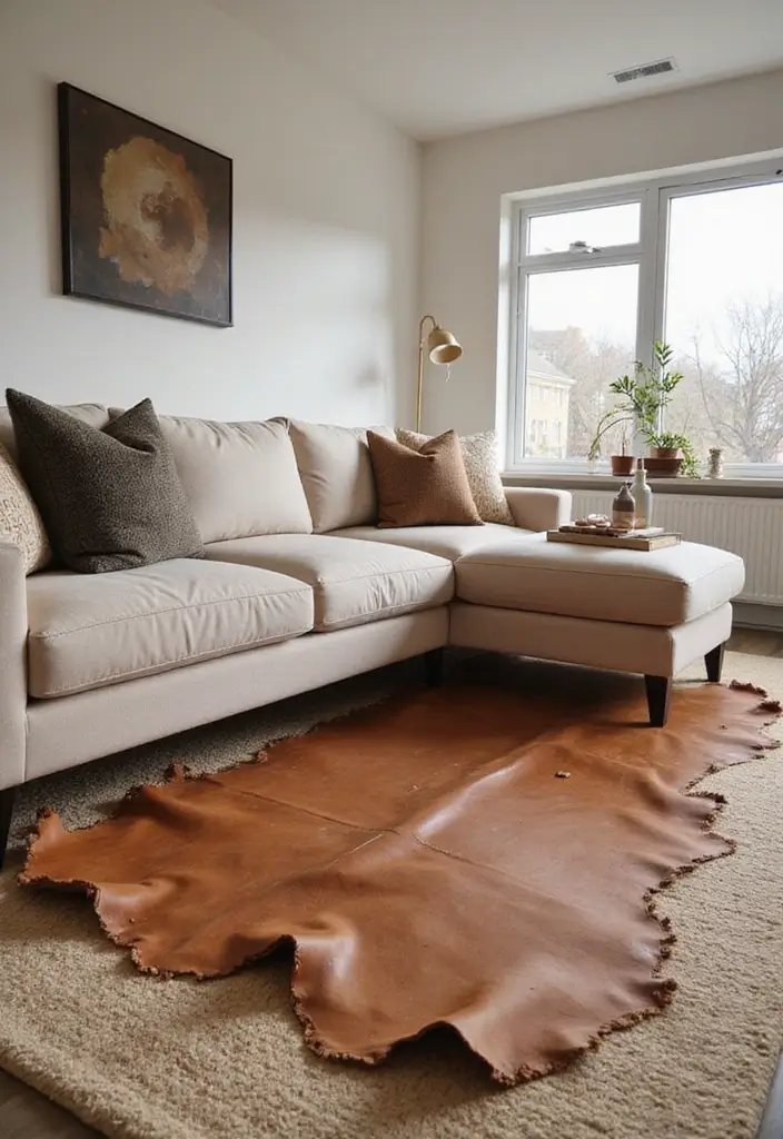 29 Cozy Rug Ideas That Match a Beige Couch Perfectly 29 29 Cozy Rug Ideas That Match a Beige Couch Perfectly - 29. Stylish Leather Rug