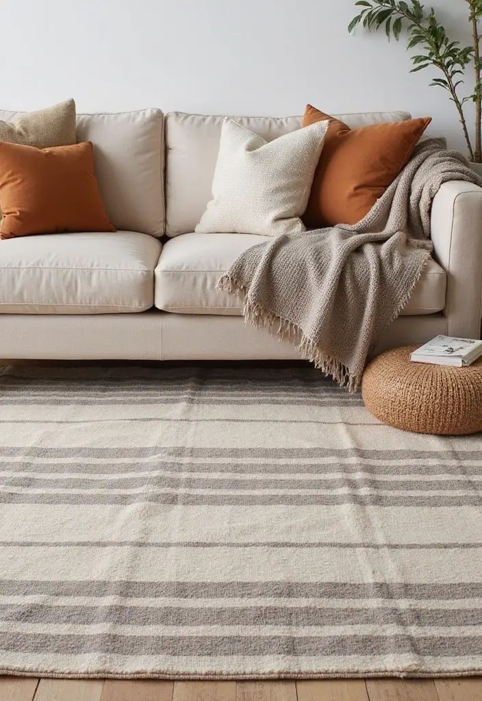 29 Cozy Rug Ideas That Match a Beige Couch Perfectly 8 29 Cozy Rug Ideas That Match a Beige Couch Perfectly - 8. Muted Striped Rug