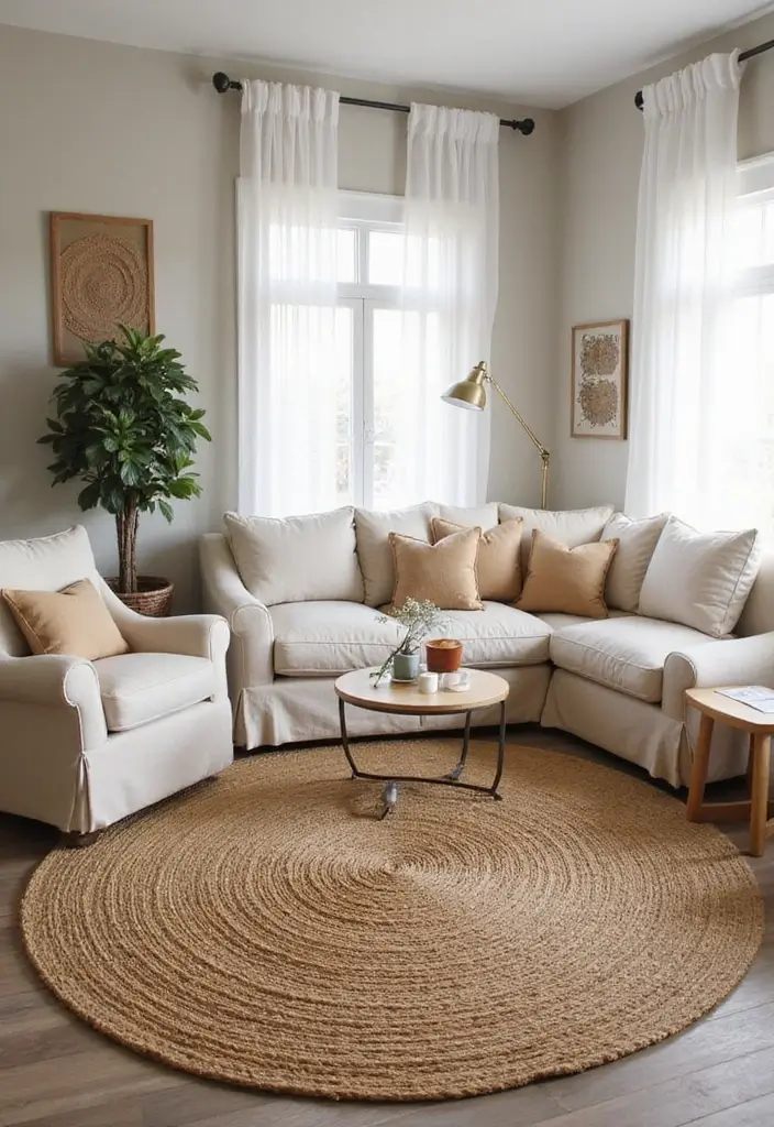 29 Jute Rug Ideas for a Modern Living Room - 15. Soft Curves