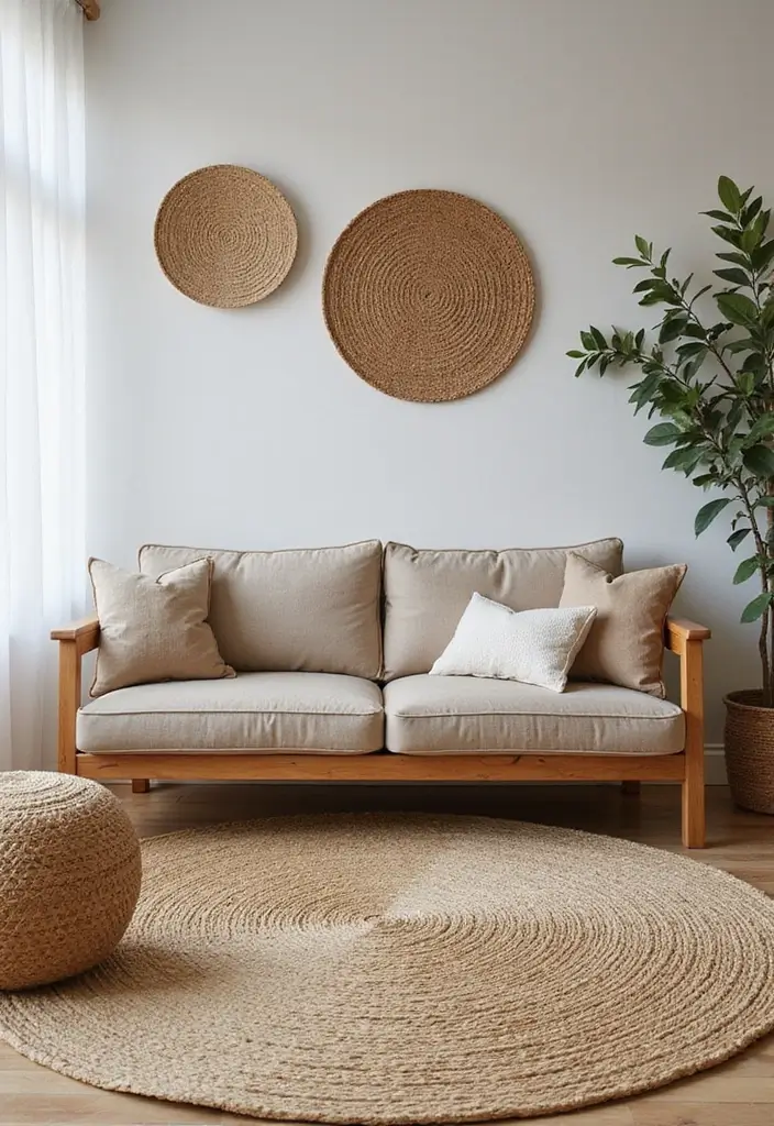 29 Jute Rug Ideas for a Modern Living Room - 20. Textured Wall Art