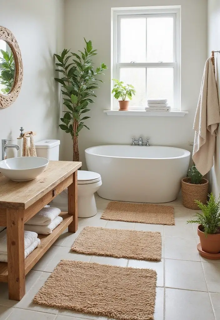 29 Layered Bathroom Rug Ideas That Wow 1 29 Layered Bathroom Rug Ideas That Wow - 1. Natural Fiber Layers