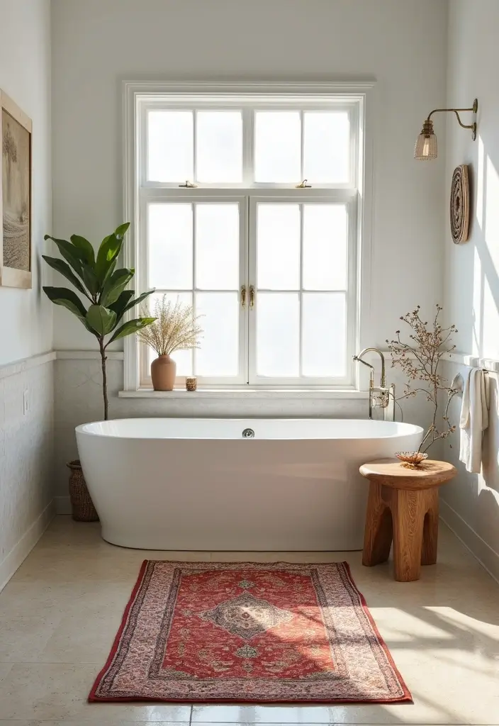 29 Layered Bathroom Rug Ideas That Wow 16 29 Layered Bathroom Rug Ideas That Wow - 16. Neutral Beauty with Pops of Color