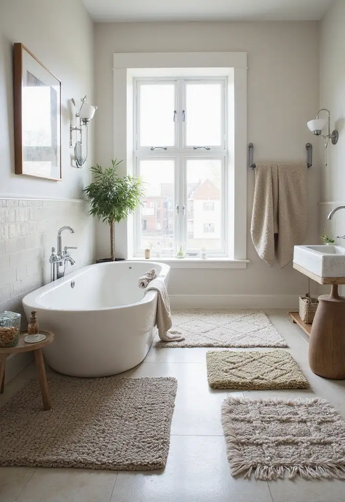 29 Layered Bathroom Rug Ideas That Wow 19 29 Layered Bathroom Rug Ideas That Wow - 19. Layered Designs with Geometric Touches