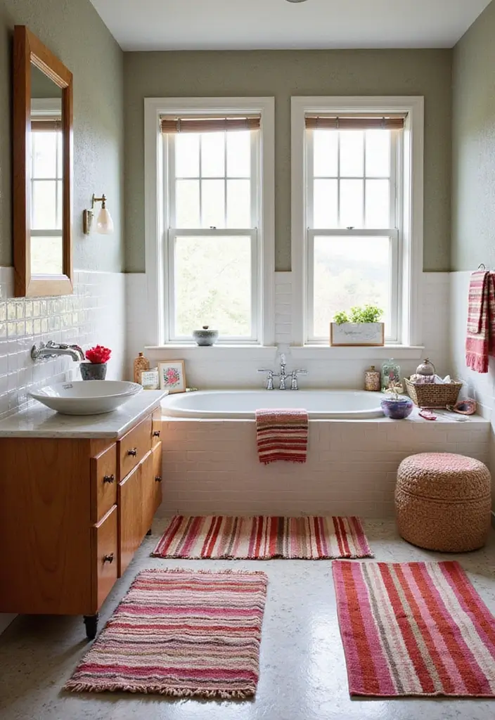 29 Layered Bathroom Rug Ideas That Wow 21 29 Layered Bathroom Rug Ideas That Wow - 21. Layered Textures with Stripes