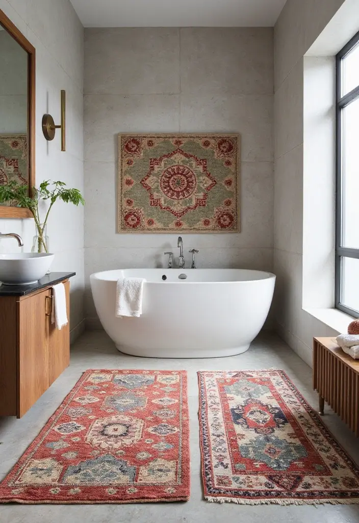 29 Layered Bathroom Rug Ideas That Wow 22 29 Layered Bathroom Rug Ideas That Wow - 22. Artistic Layering