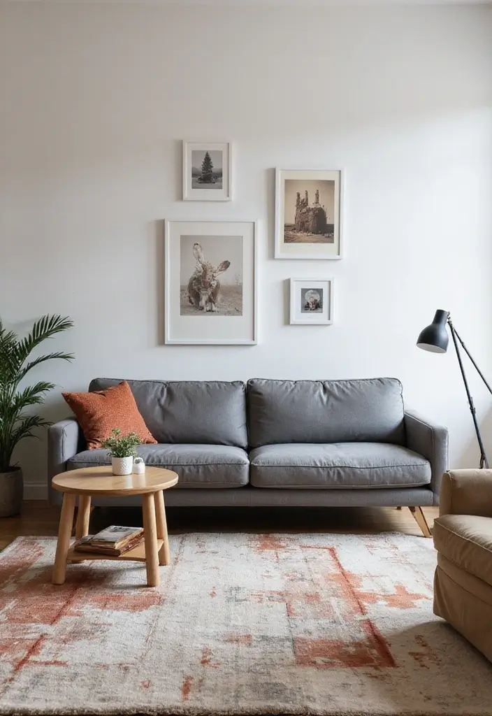 29 Rug Ideas to Match a Grey Couch Effortlessly - 11. Artistic Abstract Rugs