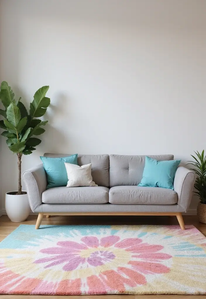 29 Rug Ideas to Match a Grey Couch Effortlessly - 12. Playful Tie-Dye Designs