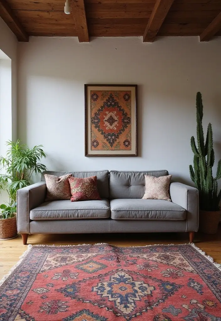 29 Rug Ideas to Match a Grey Couch Effortlessly - 13. Rustic Kilim Rugs