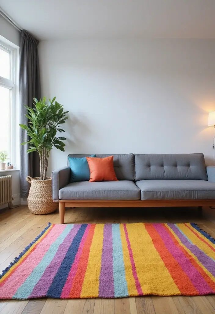 29 Rug Ideas to Match a Grey Couch Effortlessly - 14. Modern Stripes