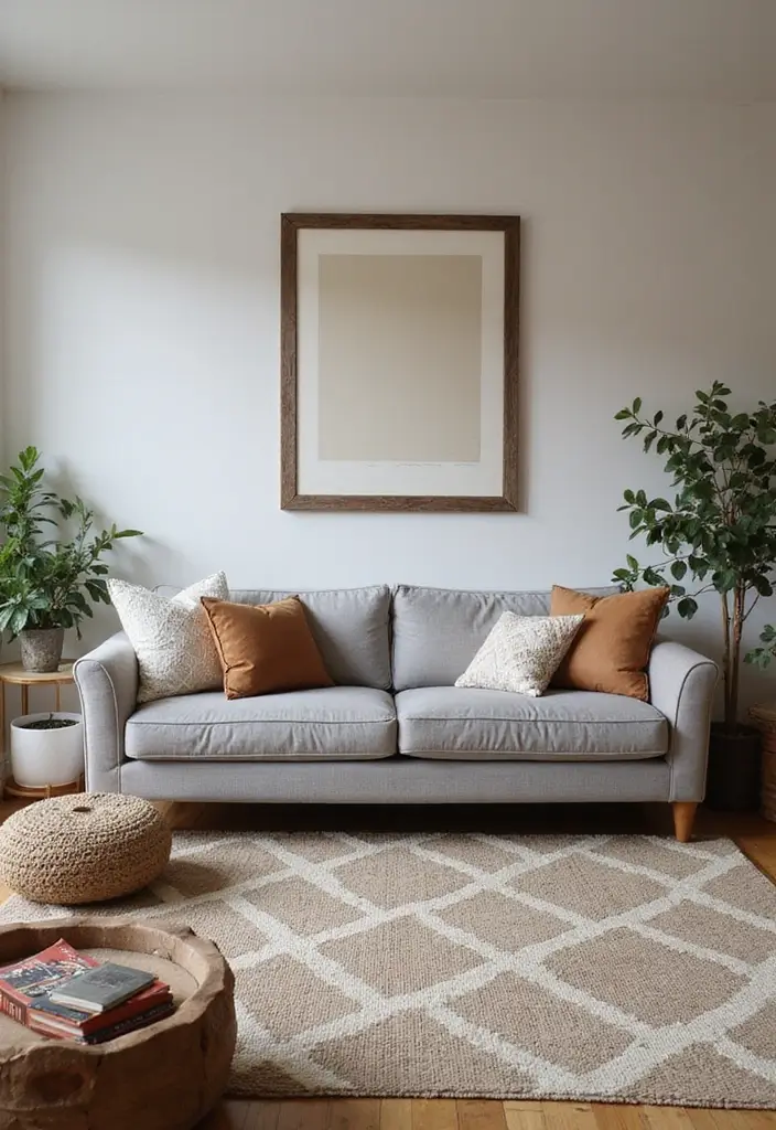 29 Rug Ideas to Match a Grey Couch Effortlessly - 18. Farmhouse Charm with Checkered Rugs