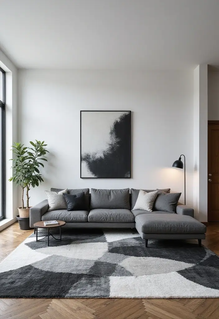 29 Rug Ideas to Match a Grey Couch Effortlessly - 20. Cool Monochrome Designs
