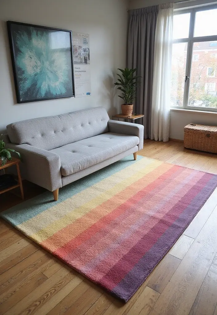 29 Rug Ideas to Match a Grey Couch Effortlessly - 23. Creative Ombre Designs