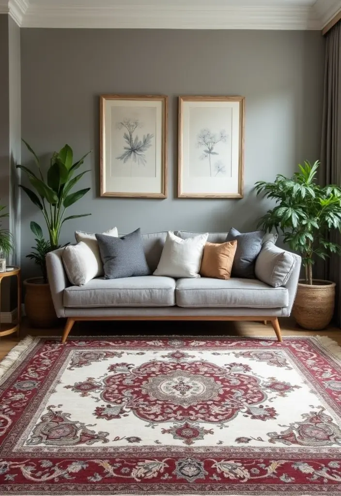 29 Rug Ideas to Match a Grey Couch Effortlessly - 24. Elegant Medallion Patterns