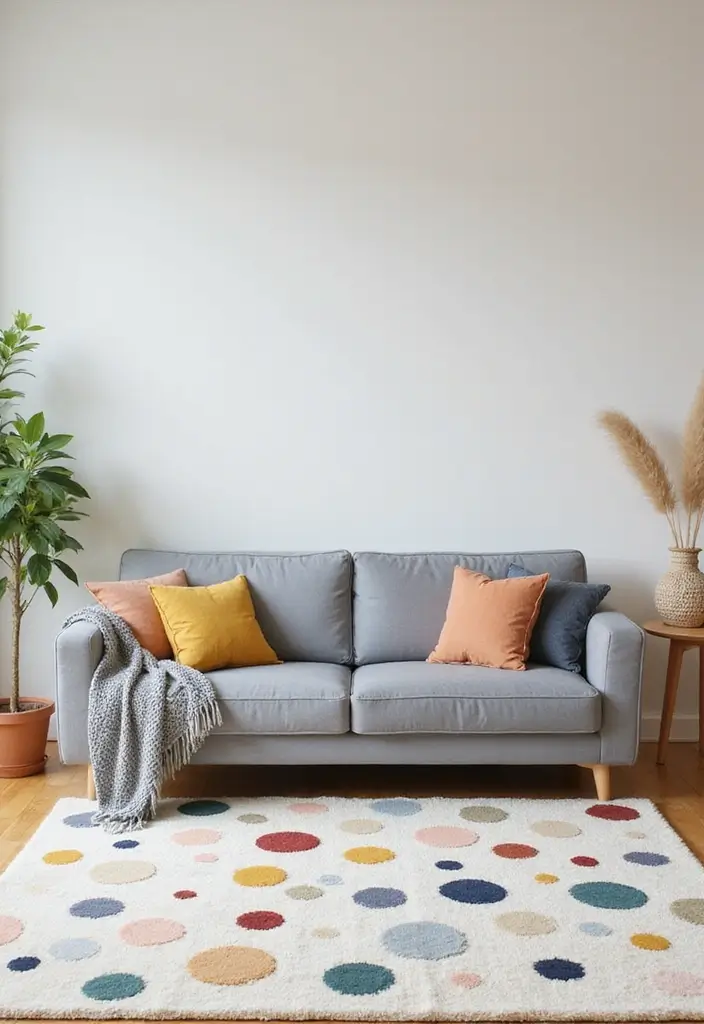 29 Rug Ideas to Match a Grey Couch Effortlessly - 29. Playful Dot Patterns