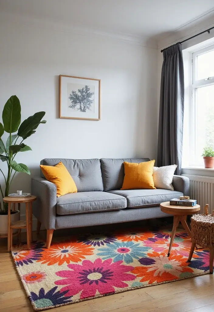 29 Rug Ideas to Match a Grey Couch Effortlessly - 4. Bold Floral Designs