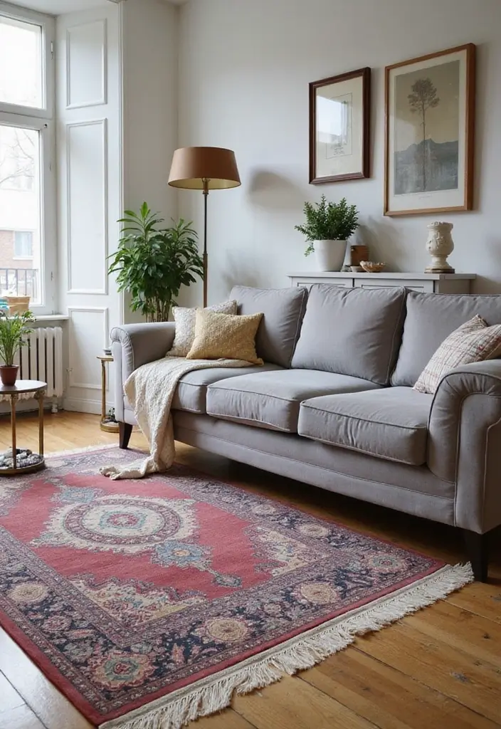 29 Rug Ideas to Match a Grey Couch Effortlessly - 5. Vintage-Inspired Persian Rugs