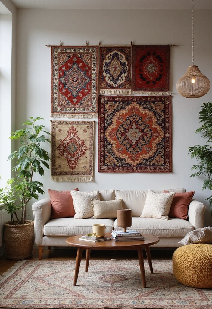 29 Wall Hanging Rug Ideas for Artistic Living Rooms 11 29 Wall Hanging Rug Ideas for Artistic Living Rooms - 11. Layering Techniques