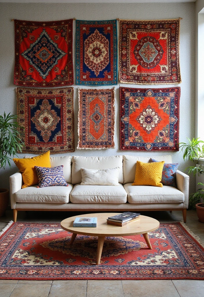 29 Wall Hanging Rug Ideas for Artistic Living Rooms 19 29 Wall Hanging Rug Ideas for Artistic Living Rooms - 19. Layered Colors