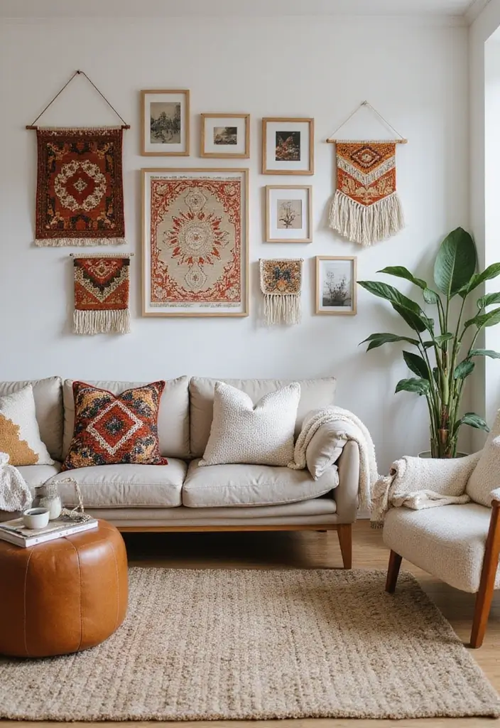 29 Wall Hanging Rug Ideas for Artistic Living Rooms 22 29 Wall Hanging Rug Ideas for Artistic Living Rooms - 22. Personal Art Gallery