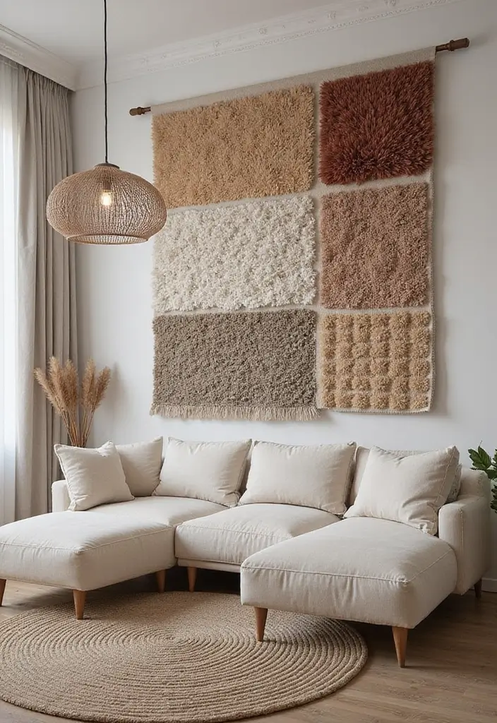 29 Wall Hanging Rug Ideas for Artistic Living Rooms 23 29 Wall Hanging Rug Ideas for Artistic Living Rooms - 23. Textural Contrast