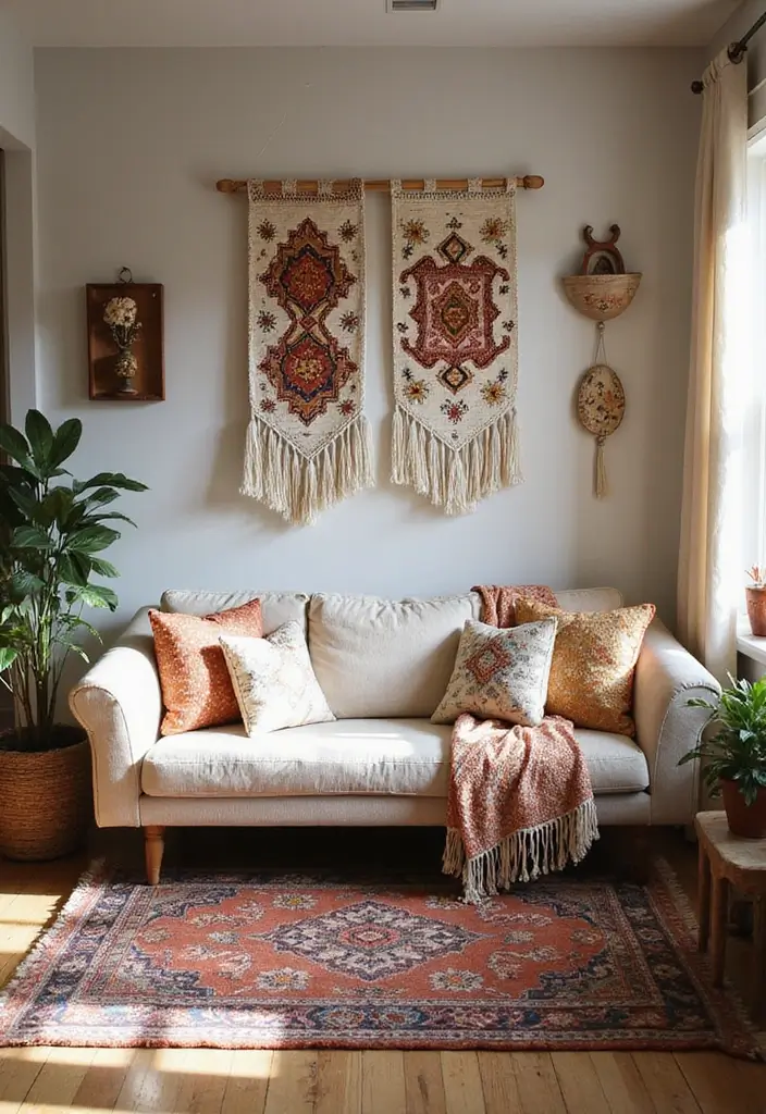 29 Wall Hanging Rug Ideas for Artistic Living Rooms 5 29 Wall Hanging Rug Ideas for Artistic Living Rooms - 5. Bohemian Charm