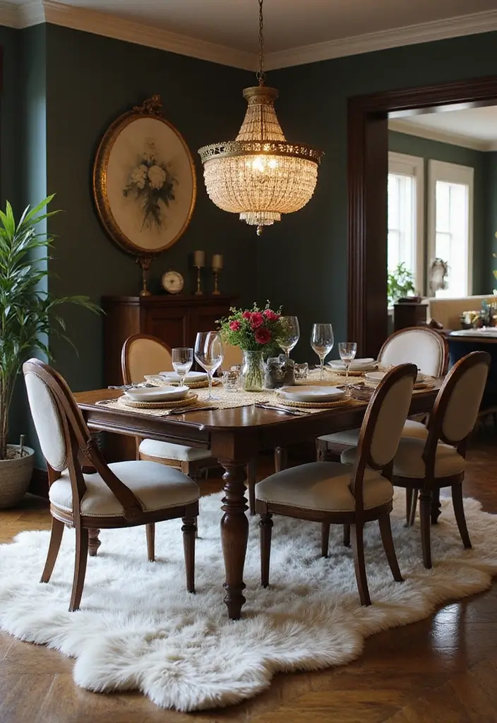 30 Dining Room Rug Ideas for Dark Wood Tables - 12. Faux Fur Rugs