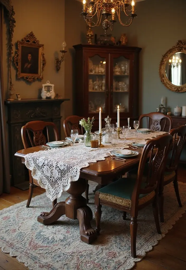 30 Dining Room Rug Ideas for Dark Wood Tables - 13. Vintage Lace Rugs
