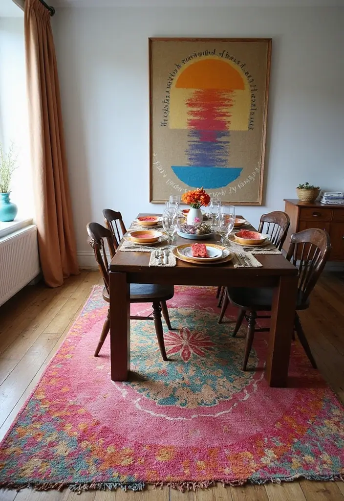 30 Dining Room Rug Ideas for Dark Wood Tables - 19. Artistic Wool Blends